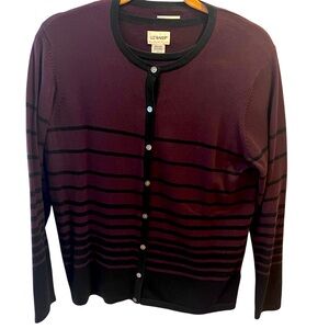 Dark Maroon and Black Striped Short Sleeve and Cardigan Sweater Set by Liz Baker